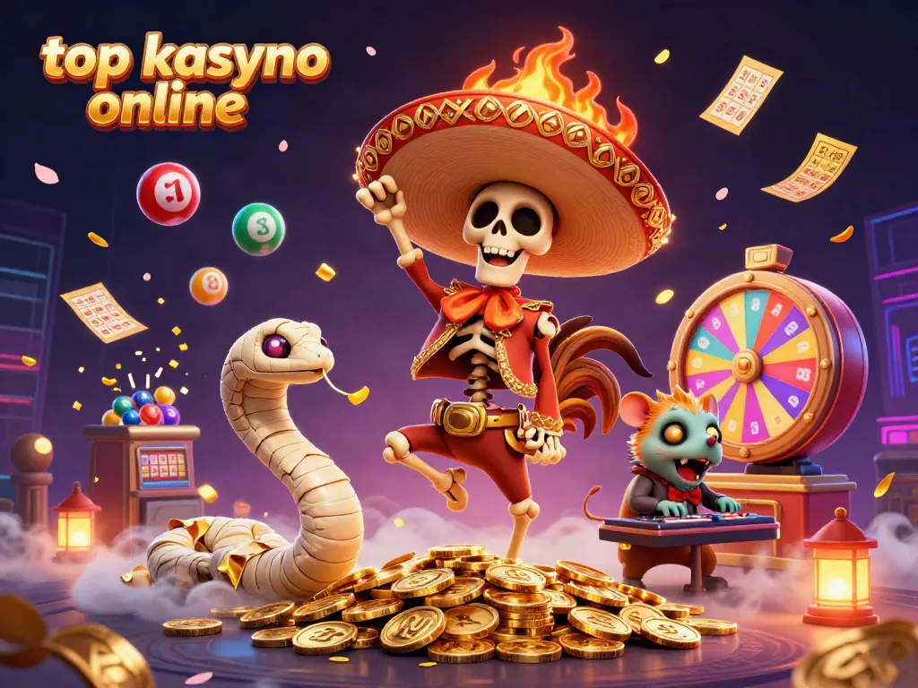 Experience the thrill of top kasyno online with a vibrant scene of festive characters and casino elements.