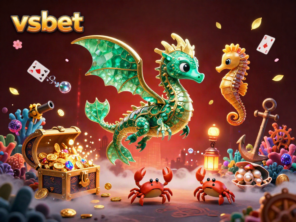 Experience the enchanting vsbet scene with a magical sea dragon, treasure, and vibrant casino elements.