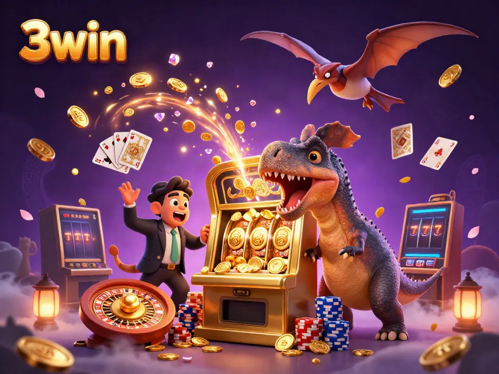 Experience the thrill of 3win as a pachycephalosaurus triggers a jackpot, surrounded by cascading golden coins and gaming elements.