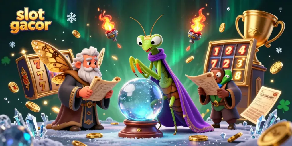 Spin to win with slot gacor as a vibrant casino scene bursts with animated slot reels and characters.
