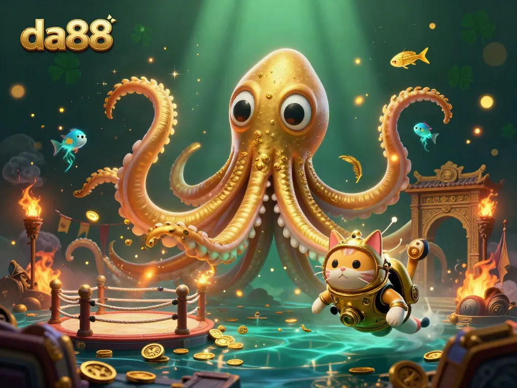 Experience thrilling adventures with da88 as a colossal kraken battles in a vibrant treasure-filled ocean scene.