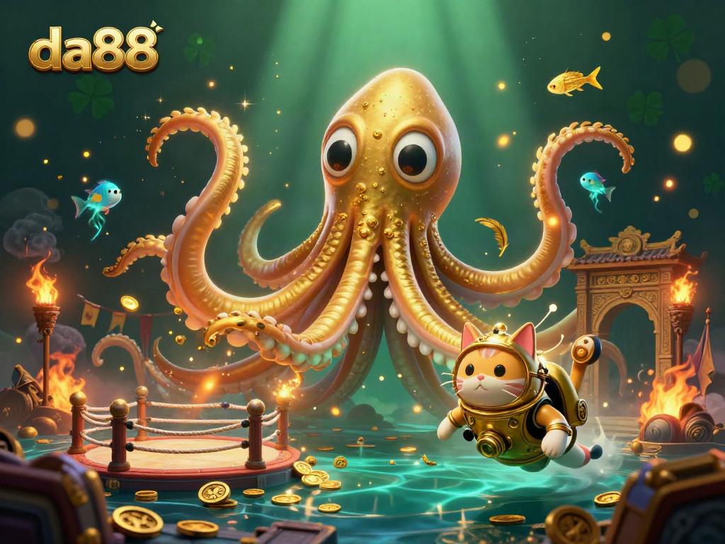 Experience thrilling adventures with da88 as a colossal kraken battles in a vibrant treasure-filled ocean scene.