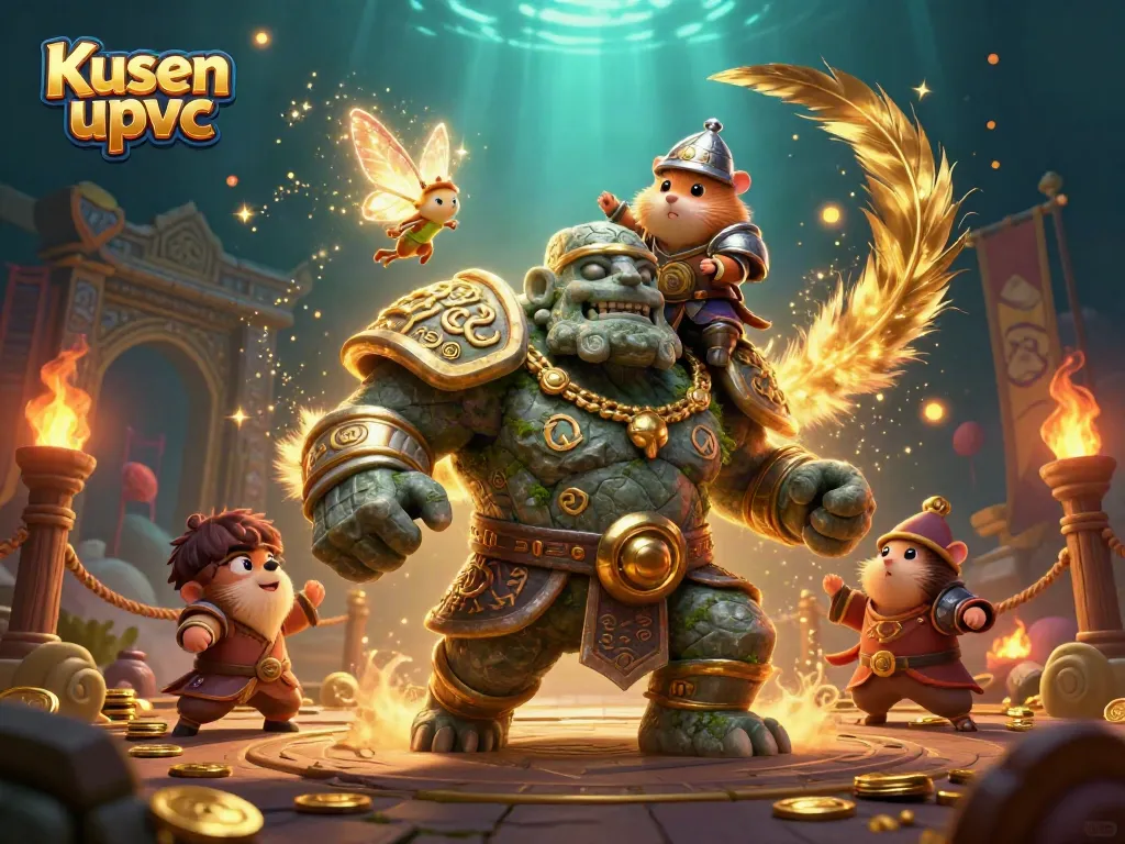 Engage with Kusen upvc as a golem guardian leads a magical scene filled with gold coins and excitement.