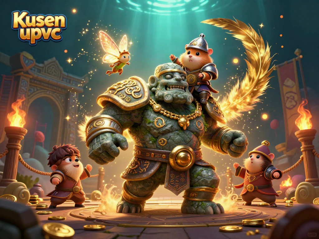 Engage with Kusen upvc as a golem guardian leads a magical scene filled with gold coins and excitement.
