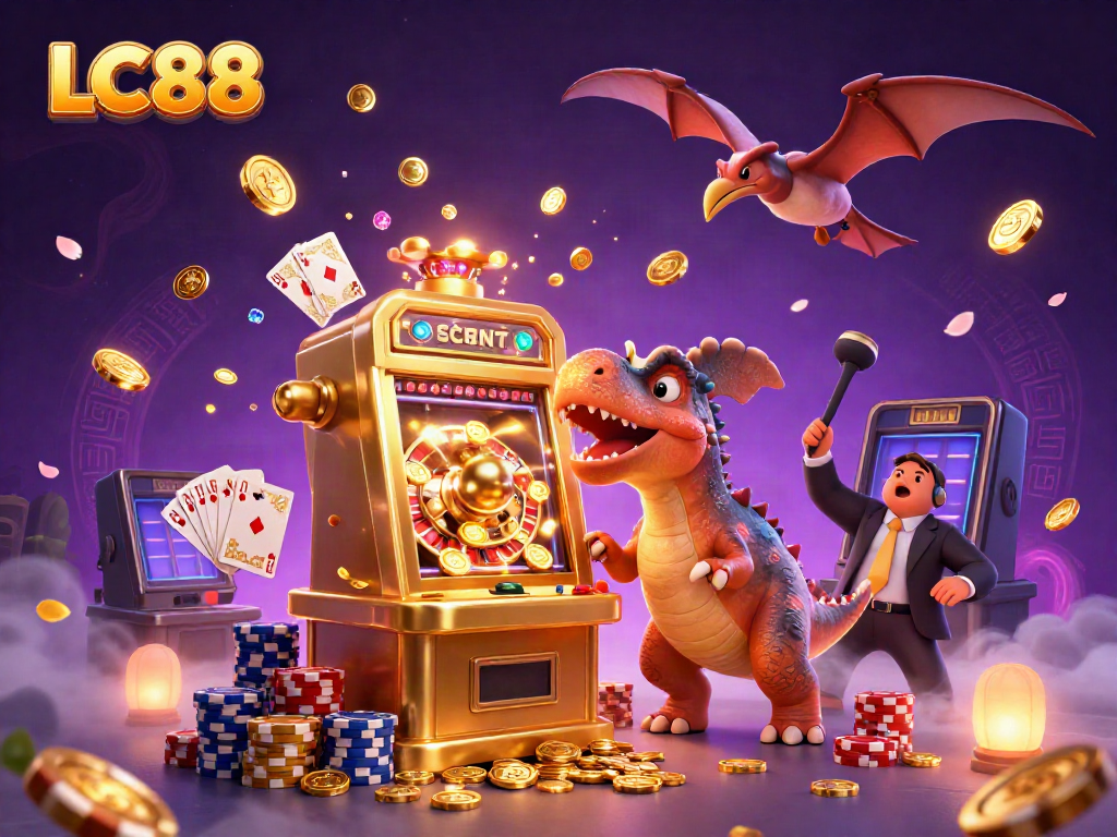 LC88 casino scene featuring a pachycephalosaurus, slot machine, and flying coins.