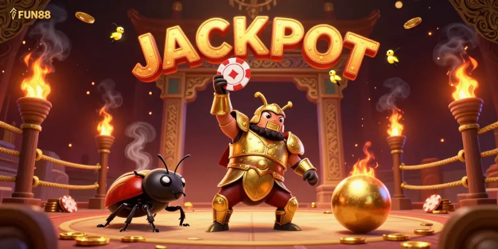 Experience FUN88 excitement with a gladiator beetle celebrating a jackpot victory in this vibrant 3D illustration.