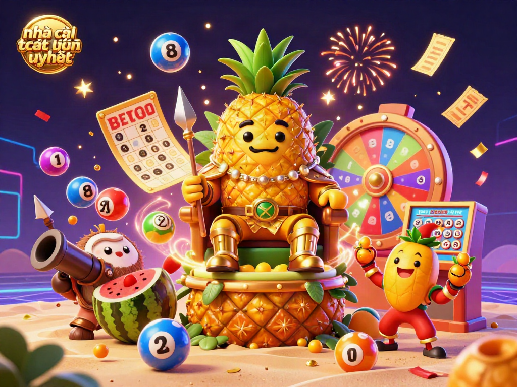 Experience the excitement at nhà cái trực tuyến uy tín with our vibrant 3D illustration featuring a golden pineapple king and thrilling lottery elements.