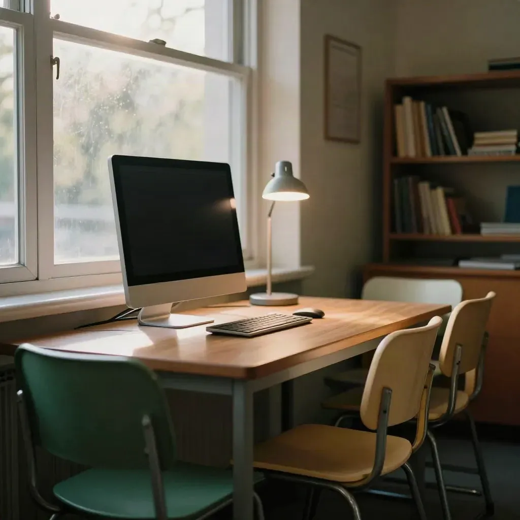 Klasa z wyłączonym monitorem, lampką LED i rzędami krzeseł w ciepłym świetle.