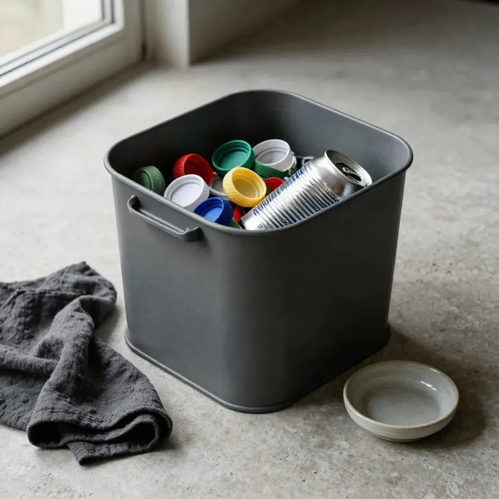 Pojemnik na recykling w szkole z kapslami, papierem i puszką na kamiennej tacy.