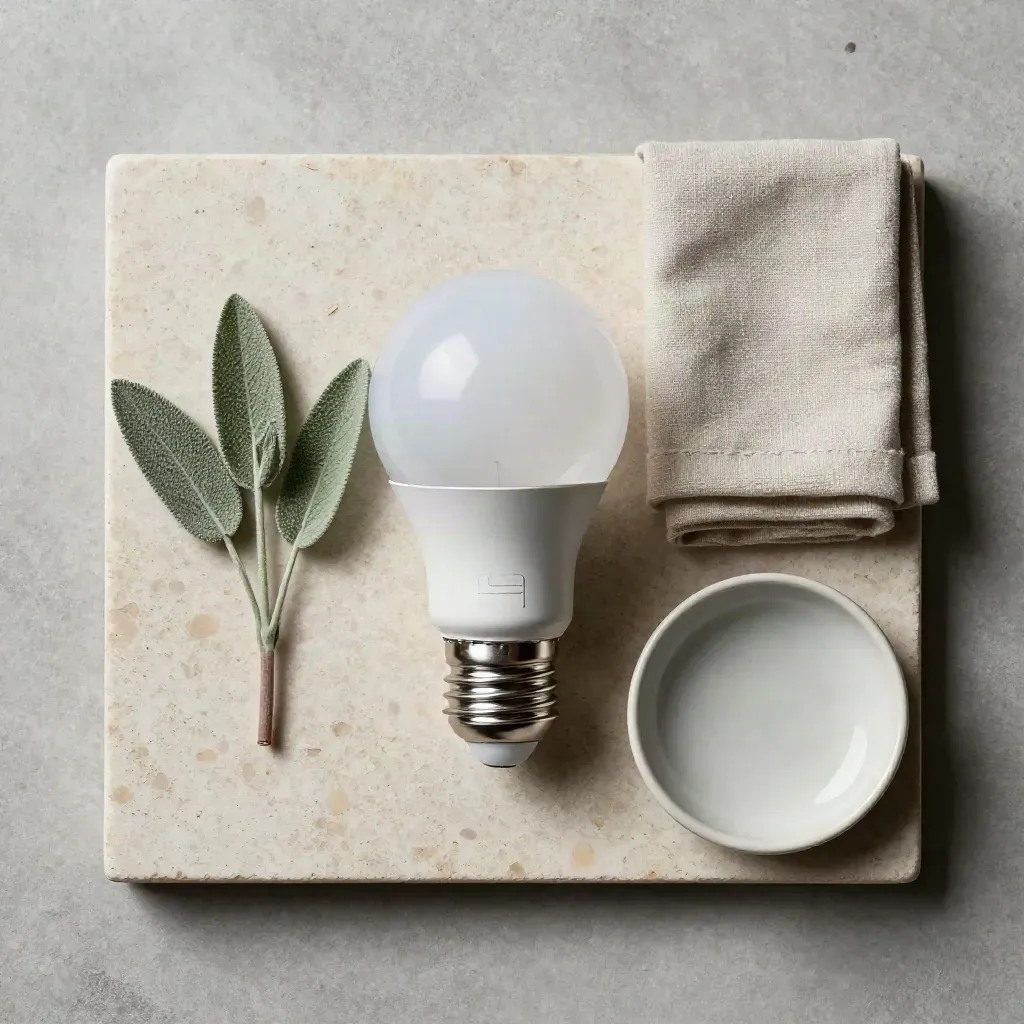 Żarówka LED, roślina, lniana tkanina i ceramiczna miseczka na kamiennej tacy.