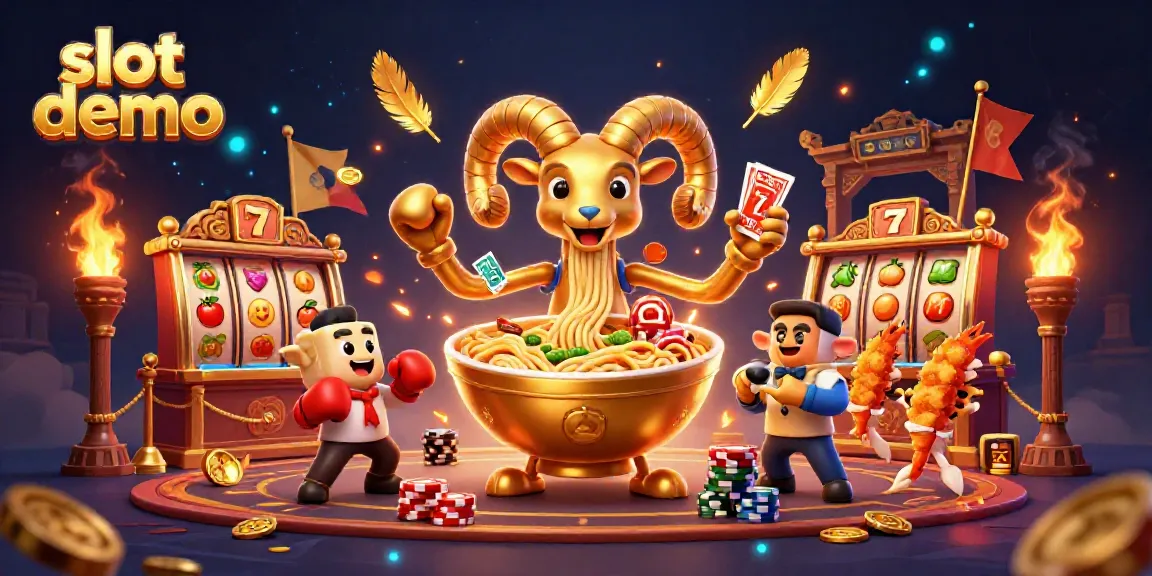 Slot demo menampilkan desain kasino yang penuh warna dengan karakter unik dan elemen permainan menarik.