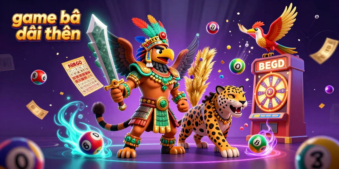 Engaging scene showcasing game bài đổi thưởng with an Aztec warrior and lottery elements raining down prizes.