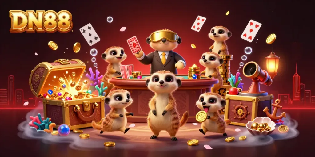Experience the vibrant energy of DN88's cartoon casino scene with meerkats, gold coins, and underwater treasures.