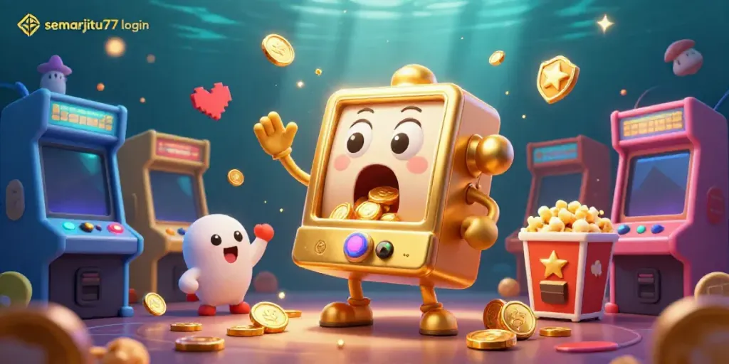Semarjitu77 login memperlihatkan mesin slot emas mengeluarkan koin, dikelilingi karakter bermain penuh warna.