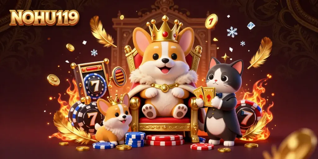 Experience the vibrant world of NOHU119 as a royal corgi rules over a dynamic casino scene.