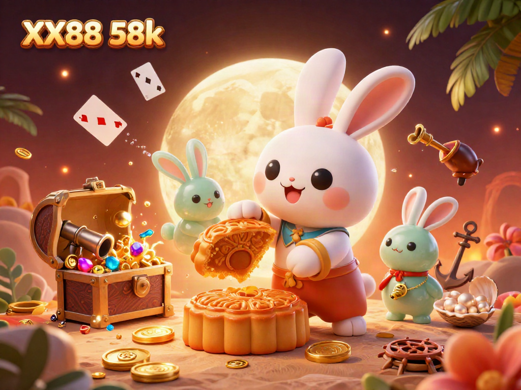 Experience the thrill of XX88 58k with a vivid 3D scene featuring characters and casino elements.