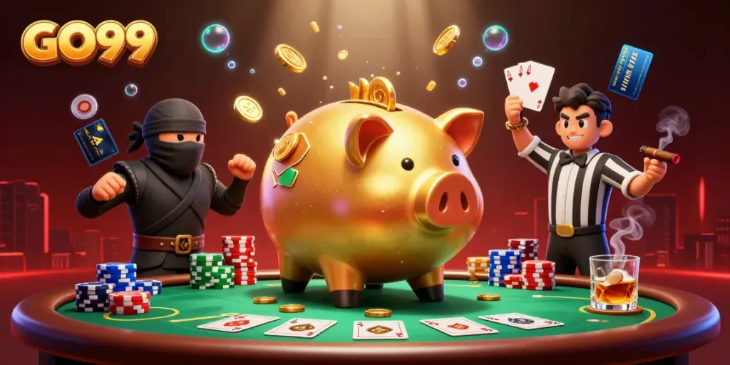 Engaging scene featuring GO99 elements with golden piggy bank, poker table, and vibrant casino atmosphere.