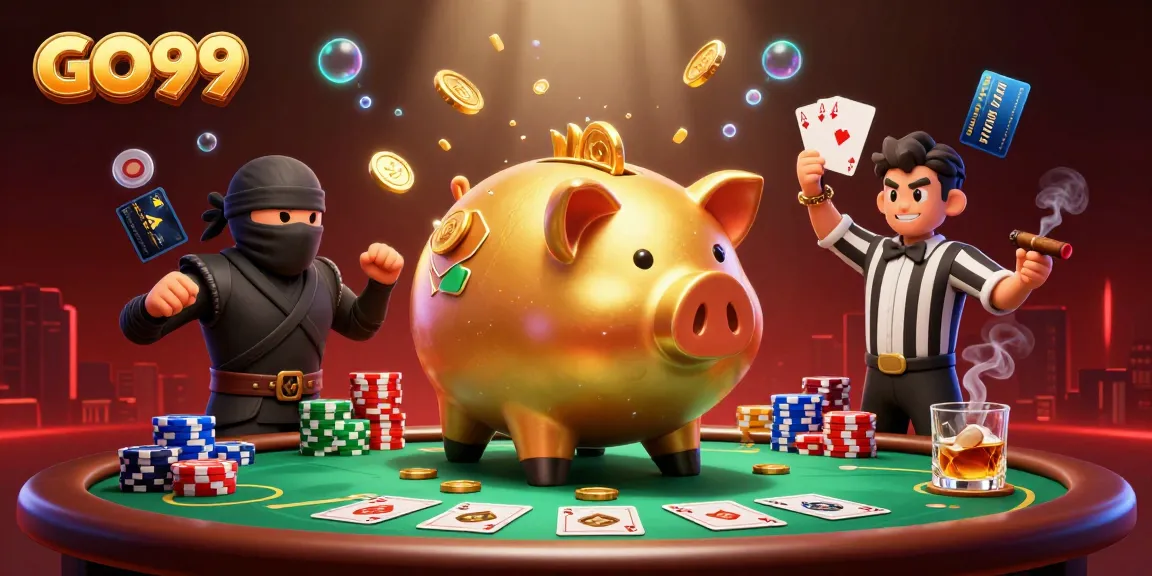 Engaging scene featuring GO99 elements with golden piggy bank, poker table, and vibrant casino atmosphere.