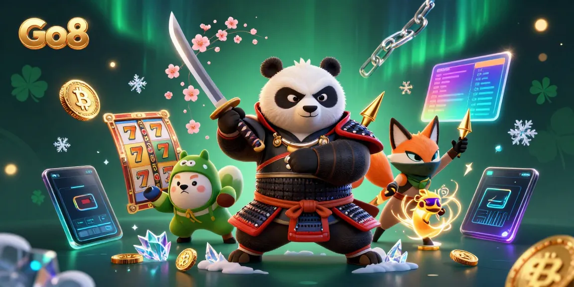 Experience the excitement of Go8 with a dynamic 3D depiction of a samurai panda and ninja fox amidst vibrant slot elements.