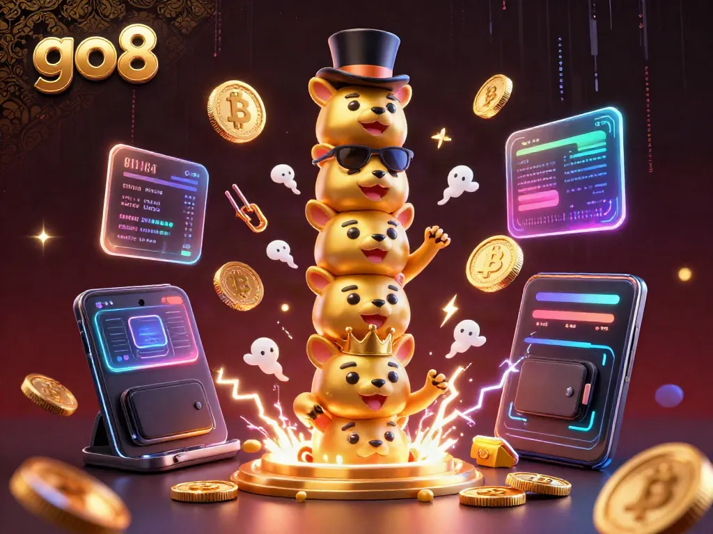 Experience winning moments with go8 in a vibrant 3D casino scene filled with dynamic crypto elements and totem characters.