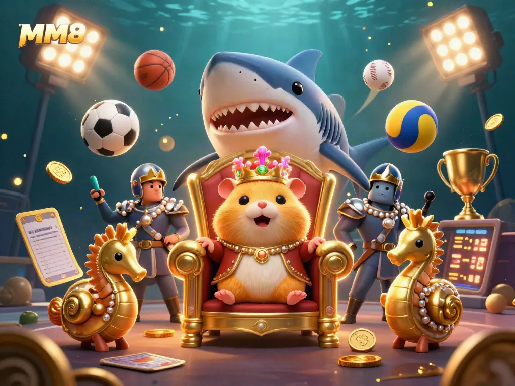 Betting on MM88 with a golden hamster king and vibrant sports elements in a captivating casino scene