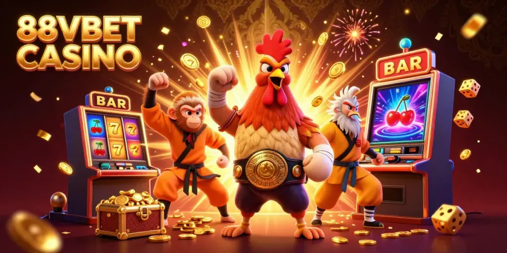 Join the excitement at 88VBET CASINO with a festive 3D illustration featuring dynamic characters and casino elements.