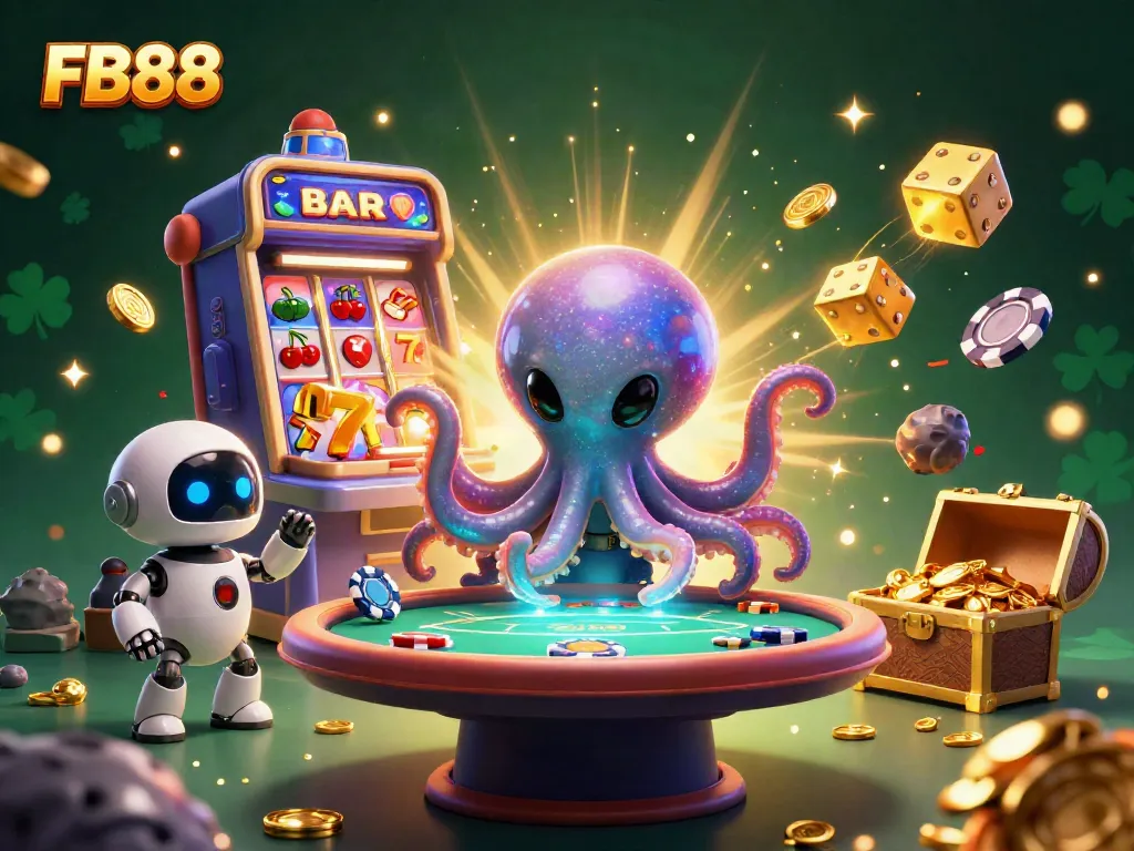 Win big with FB88 in an exciting alien-themed casino illustration filled with vibrant action.