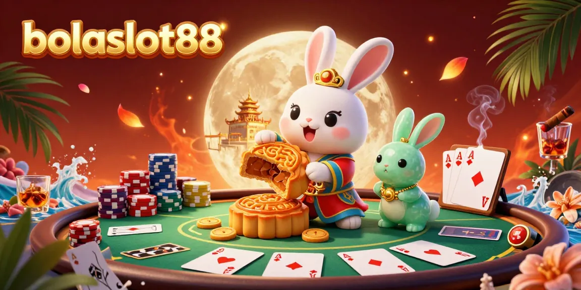 Engaging illustration of a moon rabbit revealing poker chips while highlighting bolaslot88, perfect for casino recognition.