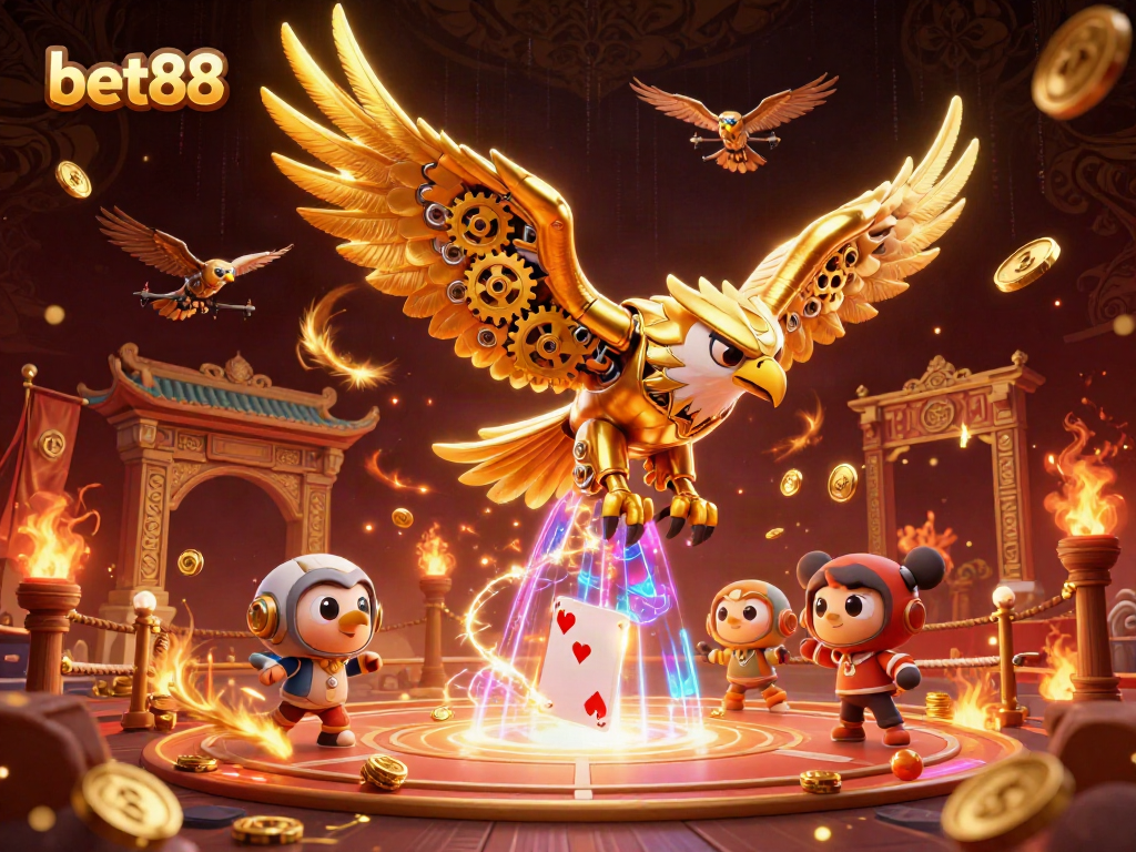 Experience thrilling moments at bet88 with a cybernetic eagle diving through holographic cards.