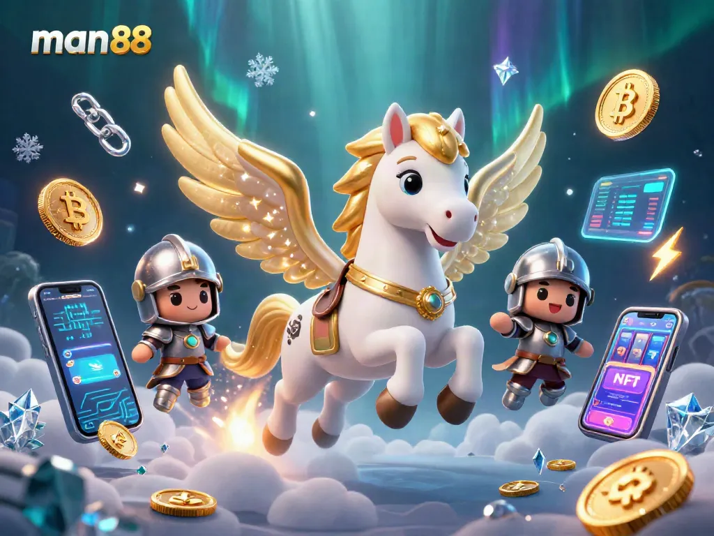 Experience thrilling man88 gameplay with a whimsical knight and celestial horse amidst vibrant casino elements.