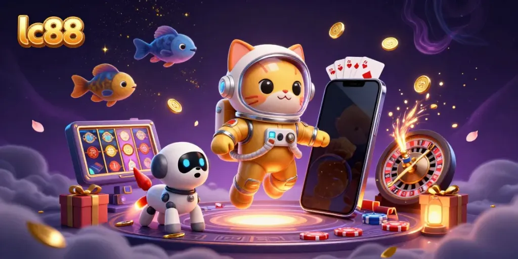 lc88 themed colorful slot game illustration featuring a golden astronaut cat and a robot dog in a vibrant cosmic setting.