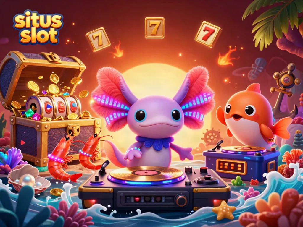 Situs slot scene with animated characters celebrating jackpot wins in a vibrant underwater casino atmosphere.