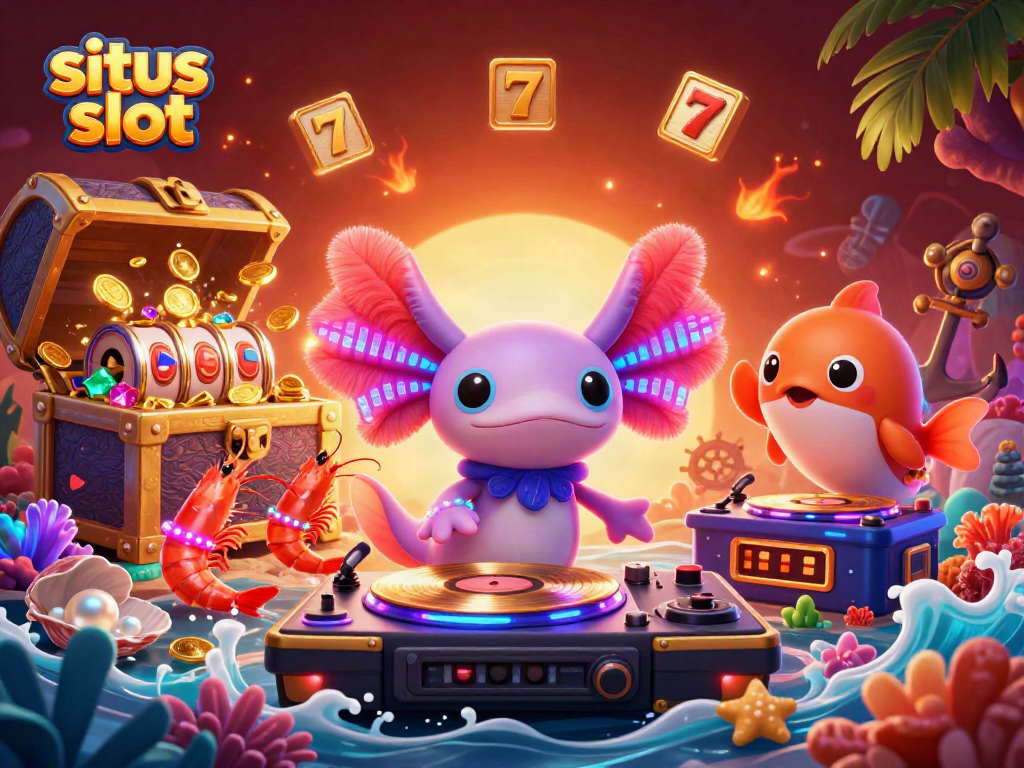 Situs slot scene with animated characters celebrating jackpot wins in a vibrant underwater casino atmosphere.