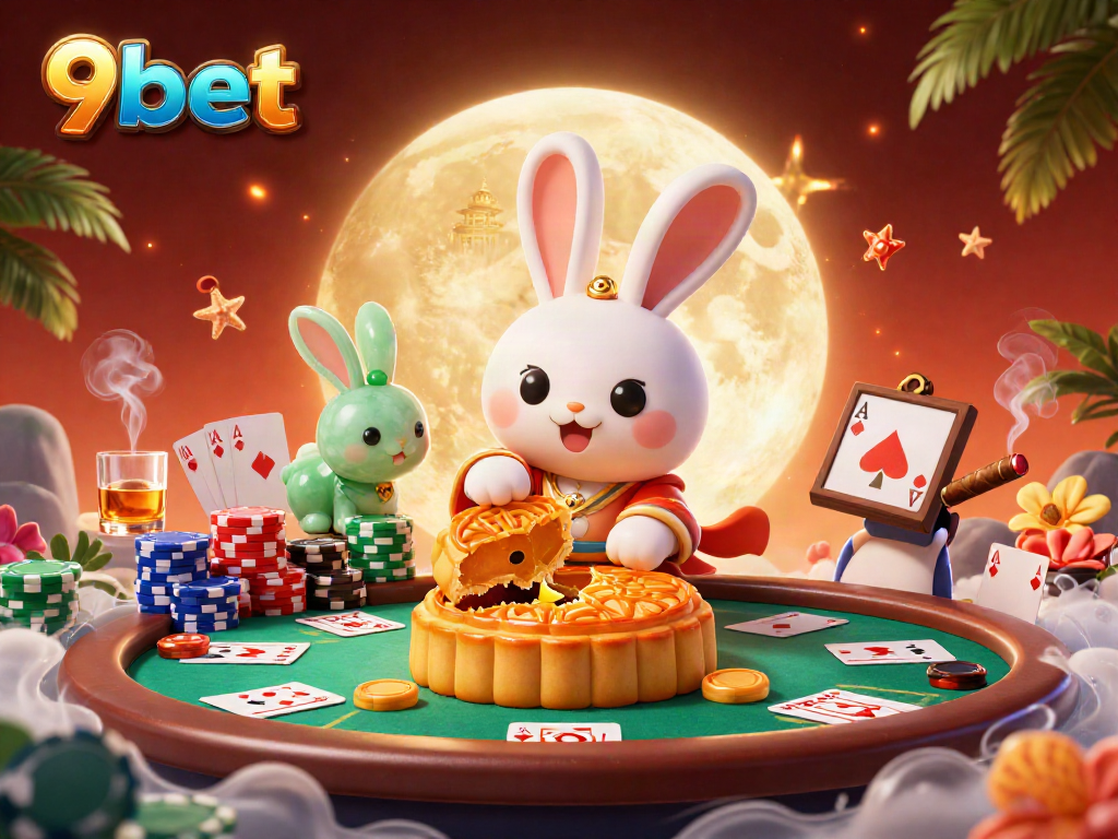 Experience the vibrant action of 9bet with a moon rabbit illustration centered around casino elements