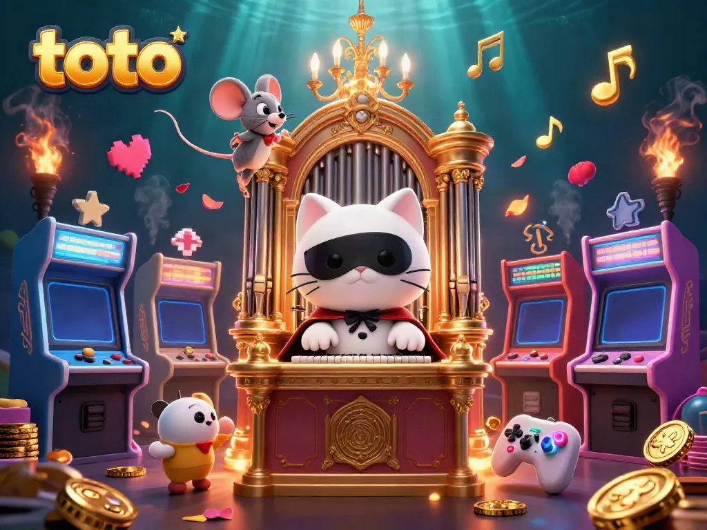 Mengalami permainan toto yang menyenangkan di kasino dengan karakter kartun, musik emas, dan mesin arcade.
