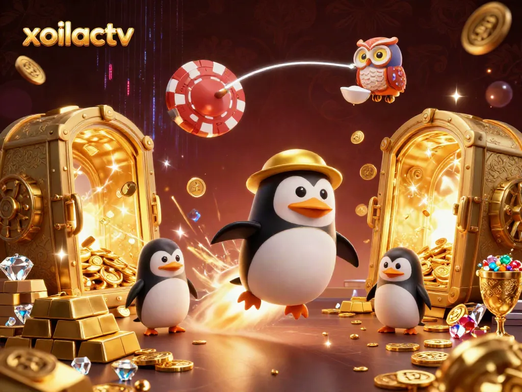 Experience the excitement of xoilactv as a golden penguin navigates a dazzling casino cosmos.