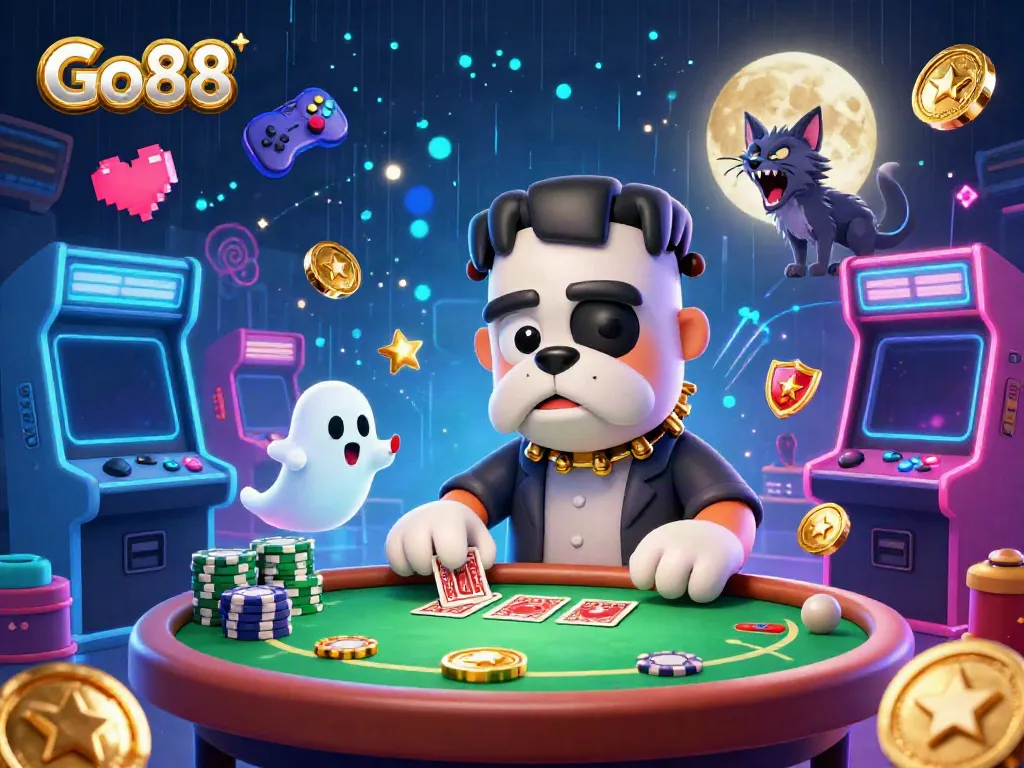 Experience the excitement of Go88 with a colorful casino-themed illustration featuring a Frankenstein bulldog and gaming elements.