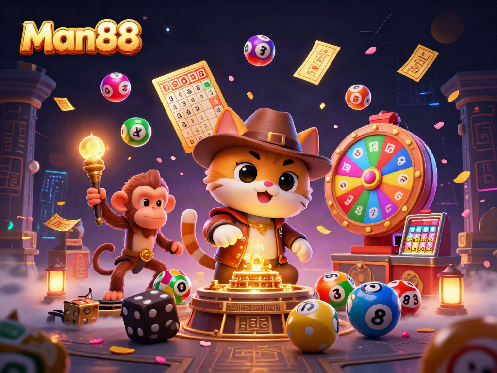 Experience thrilling gaming moments with Man88's vibrant lottery and casino illustration.