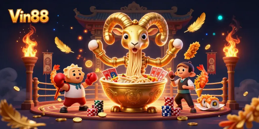 Experience excitement at Vin88 with a vibrant 3D casino illustration showcasing dynamic characters and action.
