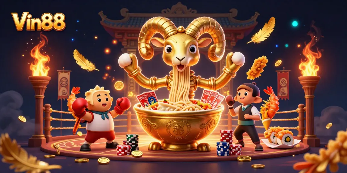 Experience excitement at Vin88 with a vibrant 3D casino illustration showcasing dynamic characters and action.
