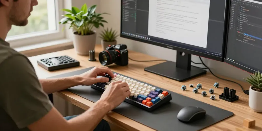 Custom Wooting 60HE v2 keyboard setup with keycaps and switches in a creative workspace.