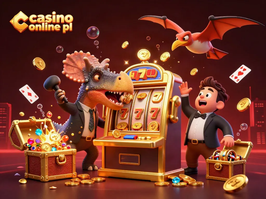 Engaging scene depicting a pachycephalosaurus hitting a slot machine, celebrating the excitement of casino online pl games.