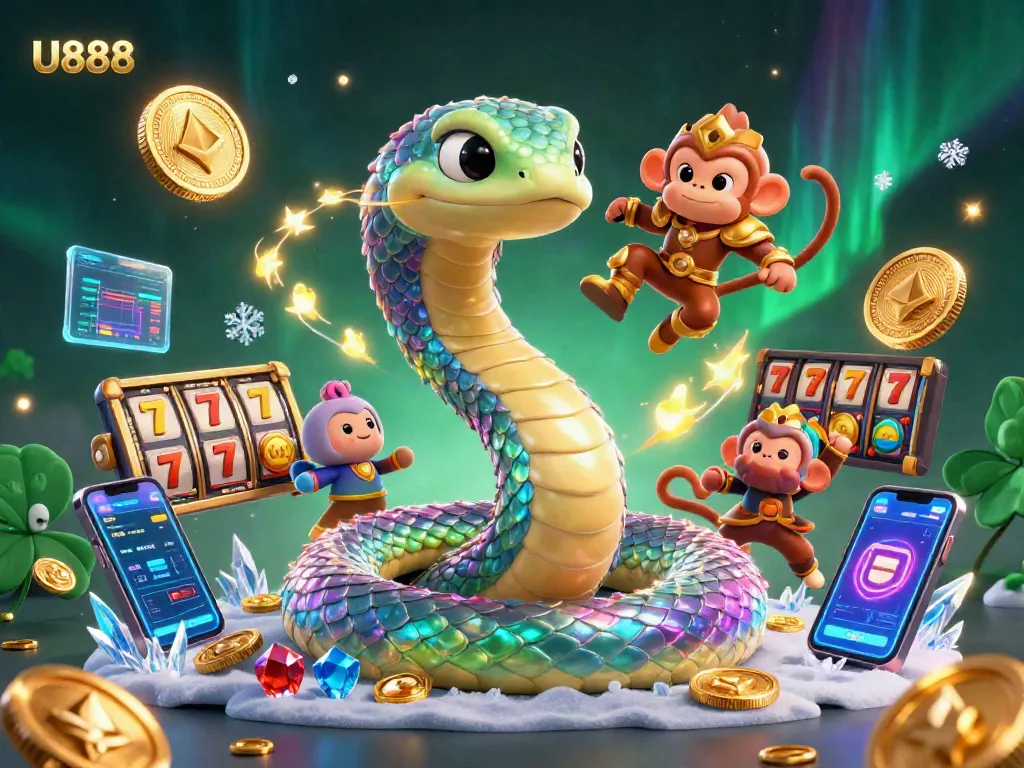 Experience thrilling slots at U888 with a vibrant rainbow serpent and glowing crypto elements in a magical casino scene.