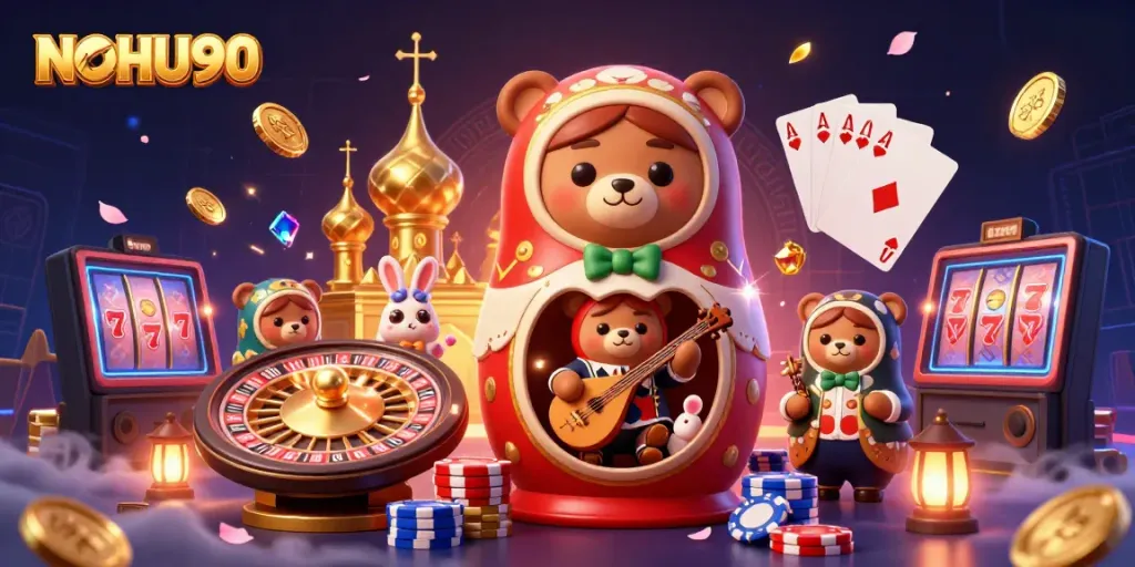 Experience the vibrant action of NOHU90 with 3D characters and casino elements exploding with excitement.