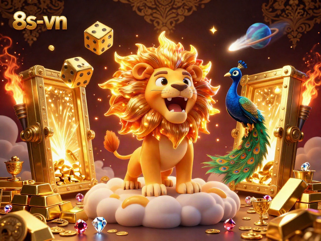 Experience the excitement of winning with 8s-vn, featuring a majestic lion and golden treasures in a vibrant casino scene.