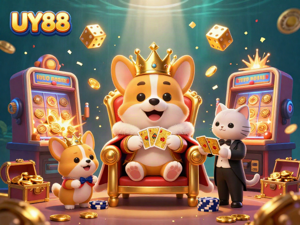 Engage with exciting moments at UY88 in a vibrant 3D casino world, showcasing with royal corgi and slot machine.