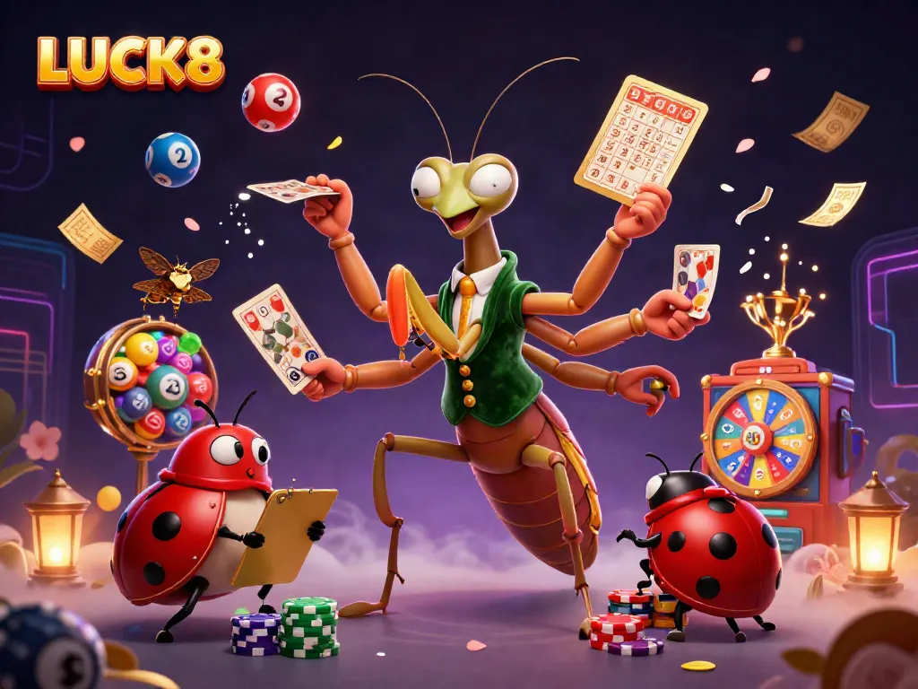 Experience LUCK8 excitement with a mantis dealer, ladybug boss, and vibrant lottery elements in this casino scene