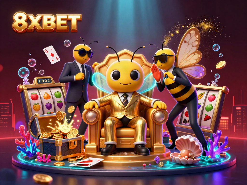 Experience the excitement of 8XBET with a vibrant illustration of a bumblebee mob boss amidst thrilling casino elements.