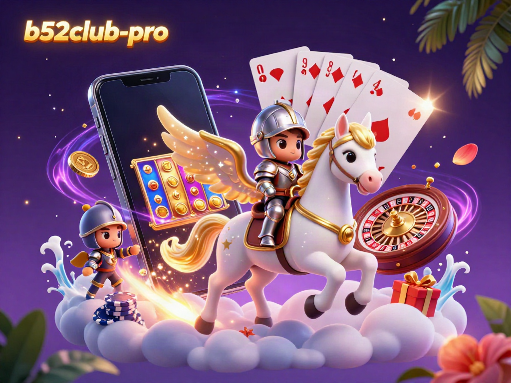Experience the thrill of the b52club-pro casino with this engaging 3D illustration of a knight on a celestial horse surrounded by vibrant gaming elements.