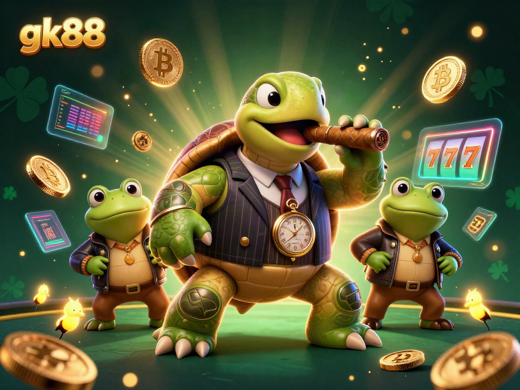 Gk88 showcases a vibrant casino scene featuring a snapping turtle in mobster attire, surrounded by crypto coins and slot reels.